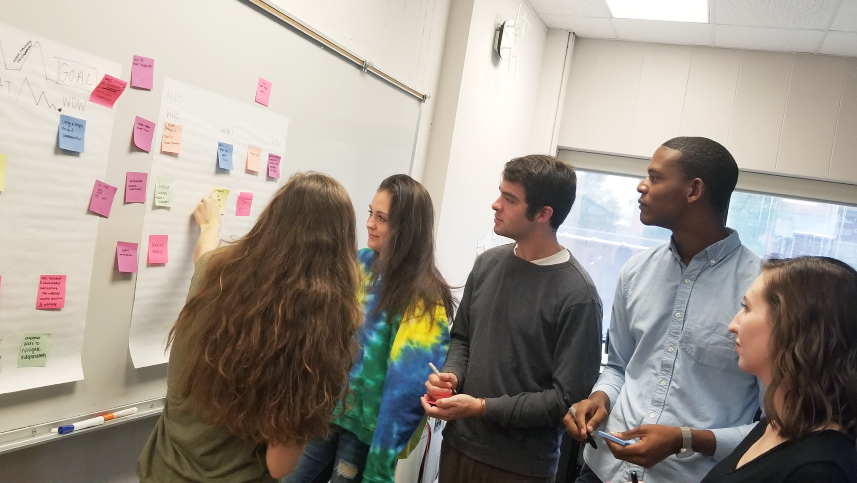 Group of five students standing in front of a whiteboard discussing the sticky notes on the wall.
