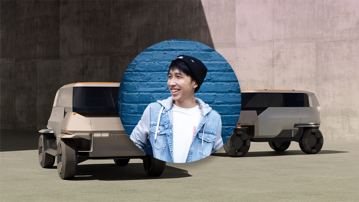 A rendering of Danny Wang's project "micro-mobility" with an overlayed portrait of the designer in the image.