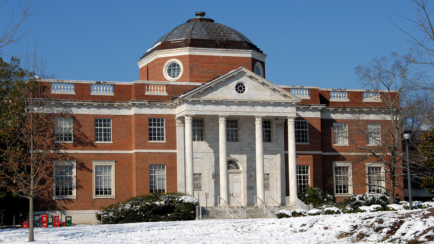 Brooks Hall on NC State's campus on a snowy day.