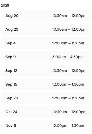 Table showing all dates of Fall 2025 Orientation offerings