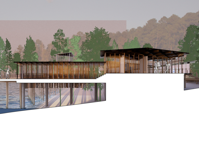 By Grace Polo-Wood Course ID: ARC 301  The Jordan Lake Audubon Center is a quiet place for people of all ages to enjoy the thrilling hobby of bird watching. The program includes educational spaces and a viewing tower surrounding a central courtyard-like space on the beach.