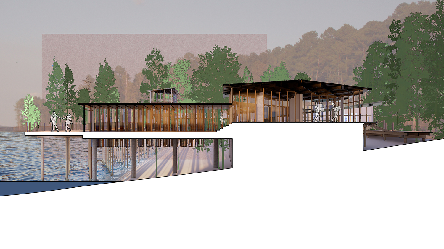 By Grace Polo-Wood Course ID: ARC 301  The Jordan Lake Audubon Center is a quiet place for people of all ages to enjoy the thrilling hobby of bird watching. The program includes educational spaces and a viewing tower surrounding a central courtyard-like space on the beach.
