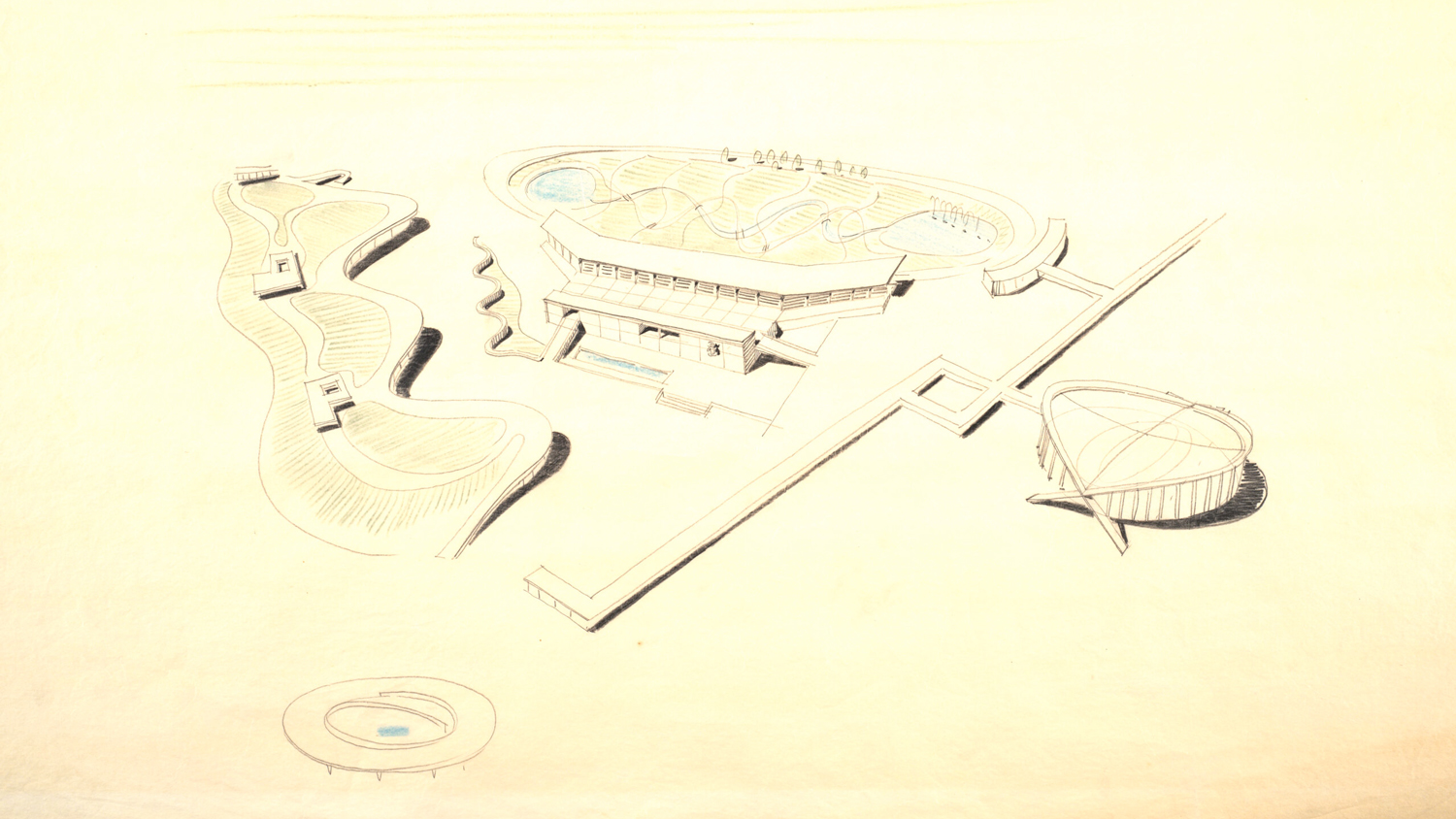 Arena, grandstand, and racetrack, North Carolina State Fairgrounds, Raleigh. Drawing by Matthew Nowicki, from the Special Collections Research Center, NC State University; Racetrack and observation building, North Carolina State Fairgrounds, Raleigh. Drawing by Matthew Nowicki, from the Special Collections Research Center, NC State University.