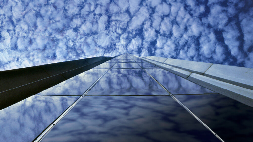 Looking straight up the side of one of the twin towers in New York City