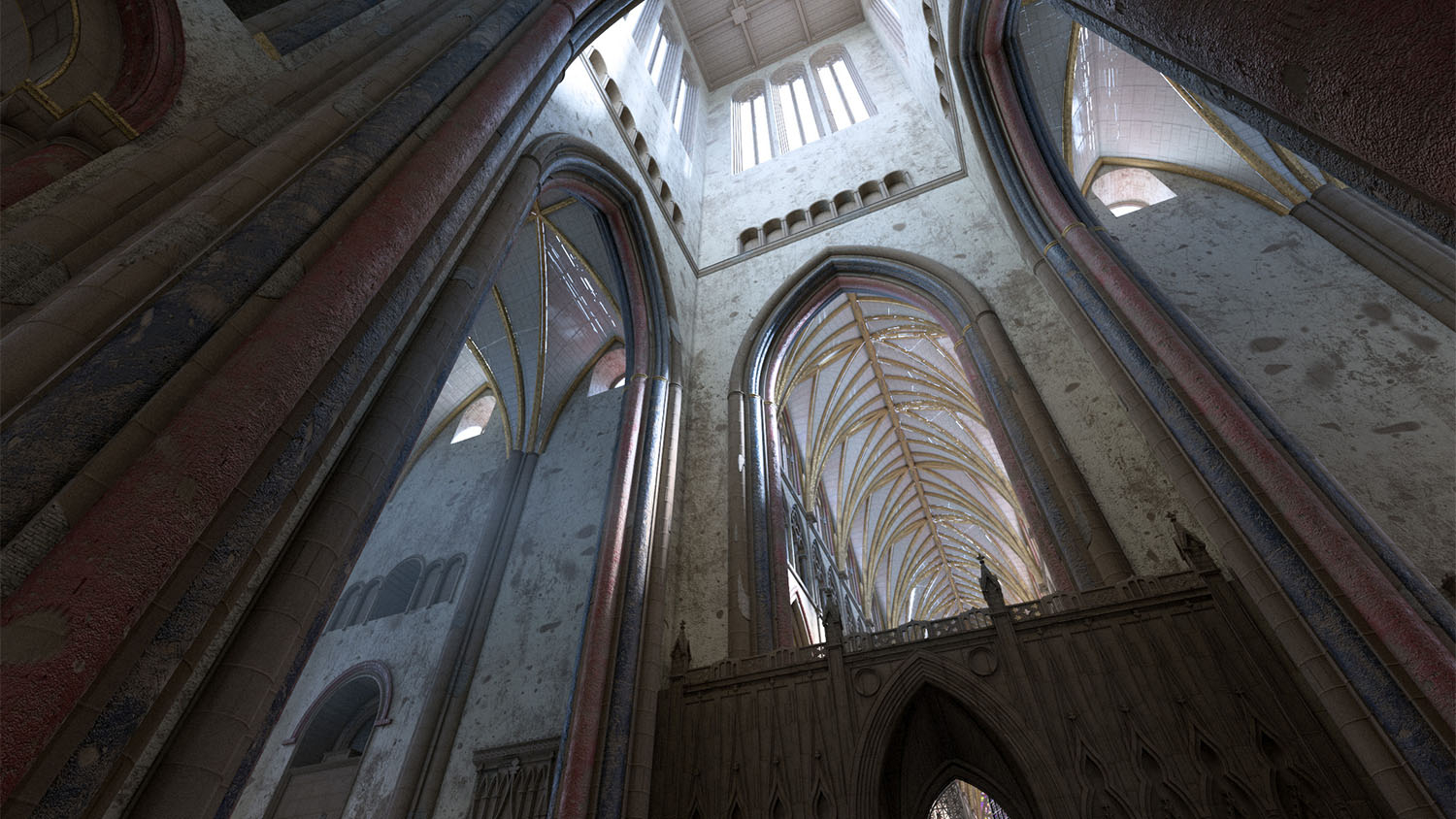 computer-generated image of what the inside of St. Paul's Cathedral would have looked like in 1622, looking up from the floor toward the vaulted ceiling in the cathedral's tower