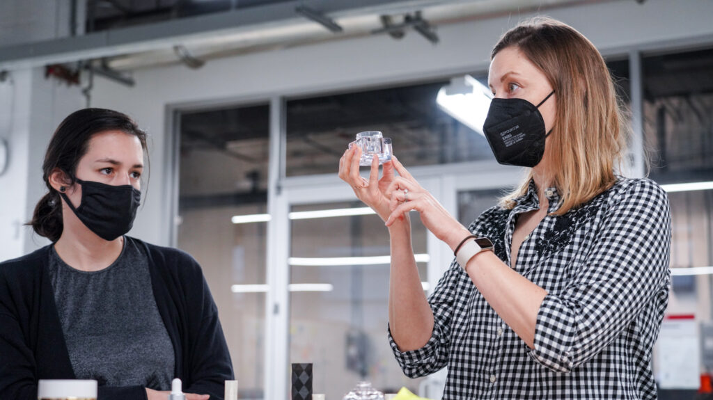 Industrial Design professor Kelly Umstead discussed how different materials could be used for cosmetics packaging in her studio.
