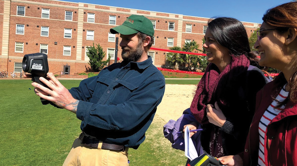 Students from McCoy’s Landscape Performance and Metrics class in collaboration with NC State’s Institute for Transportation, Research and Education (ITRE) collected drone and field data on campus four times a year for the last 5 years to understand the impacts of the Urban Heat Island and air quality on campus.