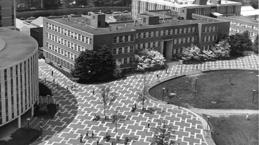 Aerial view of the Brickyard on NC State’s main campus, designed by Richard Bell, a 1950 alumnus of the landscape architecture program.