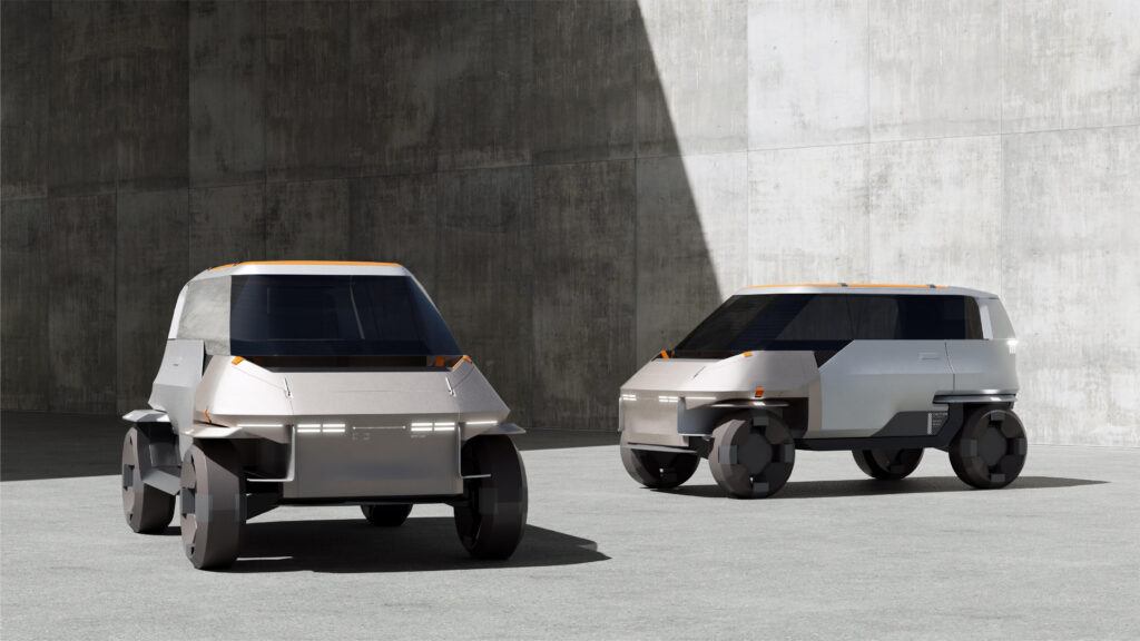 Rendering of Danny Wang's design, titled AXL Micro-Mobility. The design is a four-wheeled vehicle with black wheels and dark tinted windows.