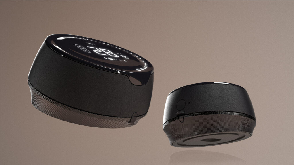 Rendering of Danny Wang's Smart Timer - a black, puck-like device with a white digital display on its top.