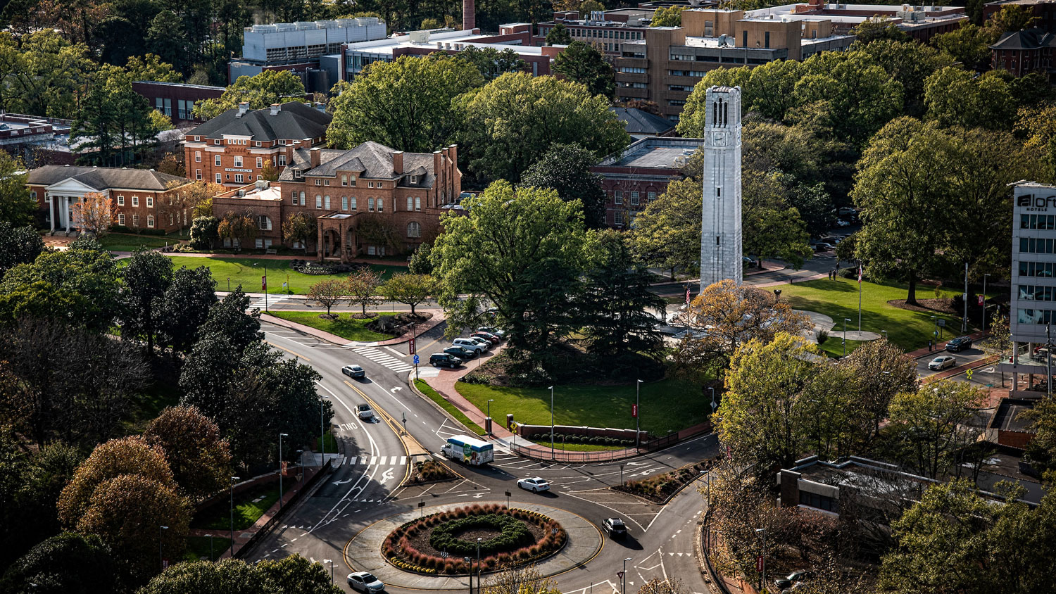 Aerial view of the Belltower and North Campus