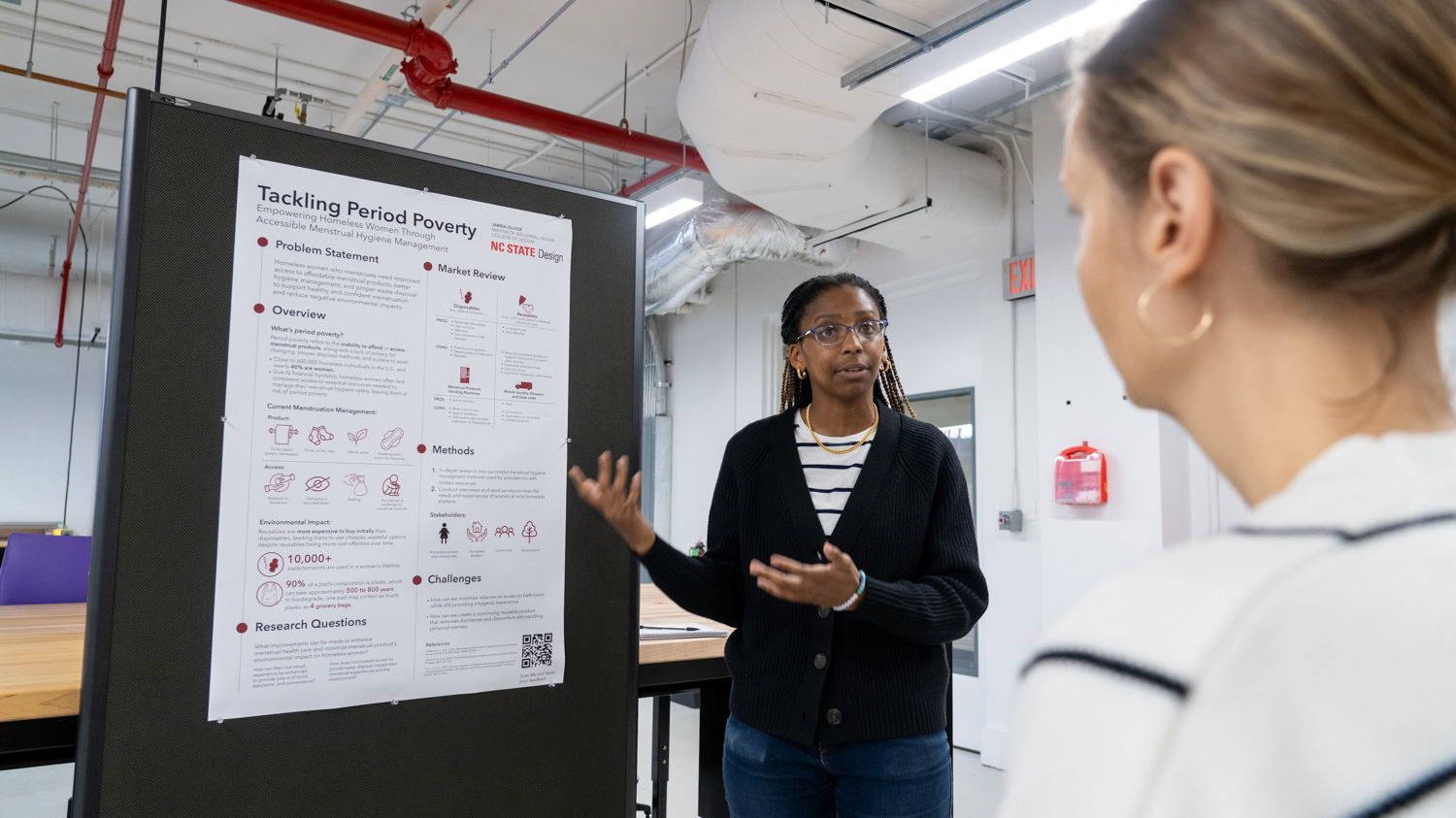 Jabria Oliver shares the focus of her research as a Master of Industrial Design student: a lack of menstrual hygiene for unhoused populations, a human-centered approach to a design problem.