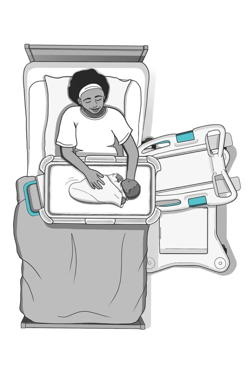 drawing of mother with over-bed bassinet