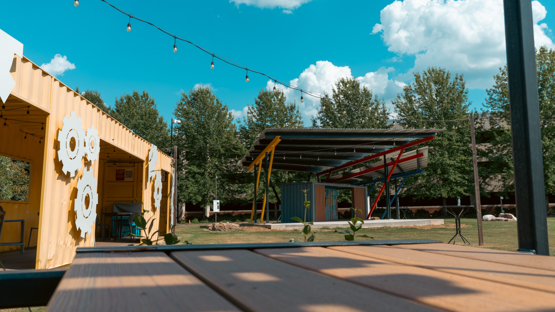 Outdoor space with colorful structures.
