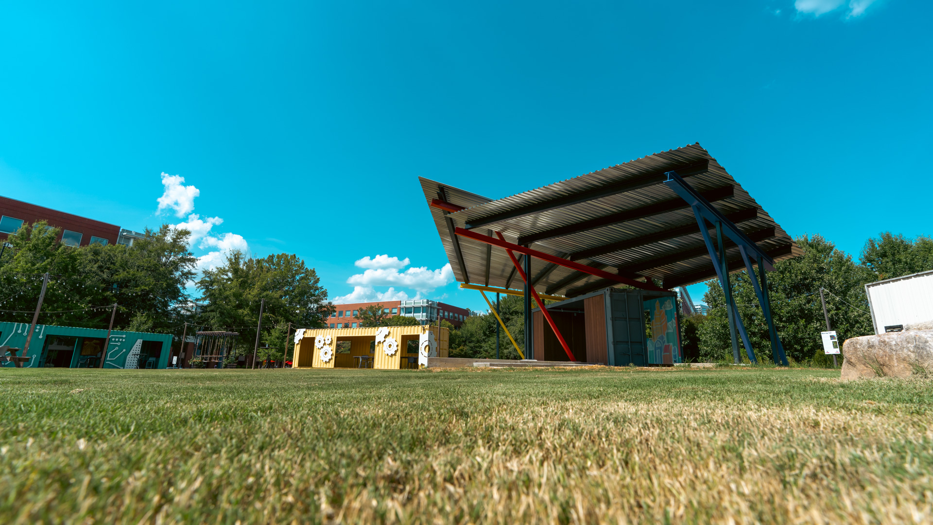 Modern pavilion in grassy area